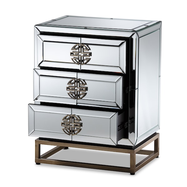 Laken Contemporary Glam And Luxe Mirrored And Antique Bronze Finished 3-Drawer Nightstand